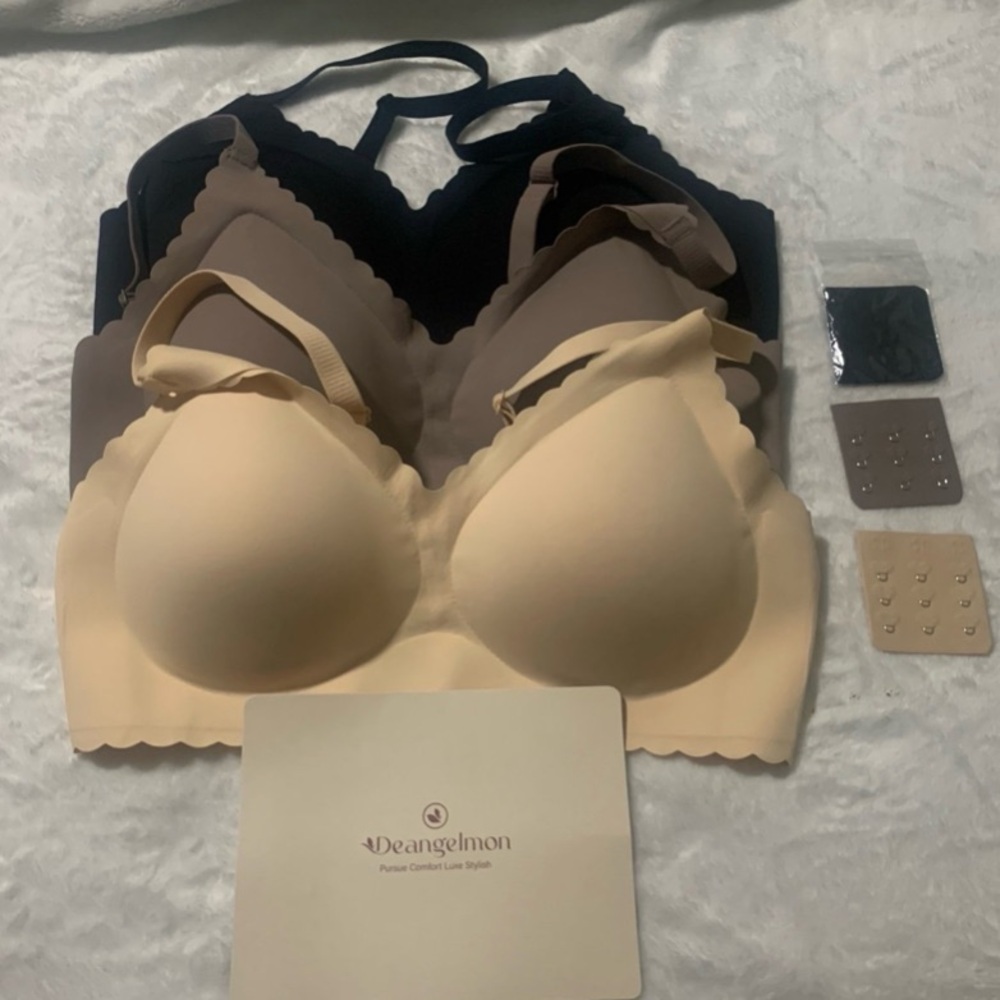 New! “Deangelmon” Set of (3) Bras with Extensions each. Beige, Brown, & Black.
